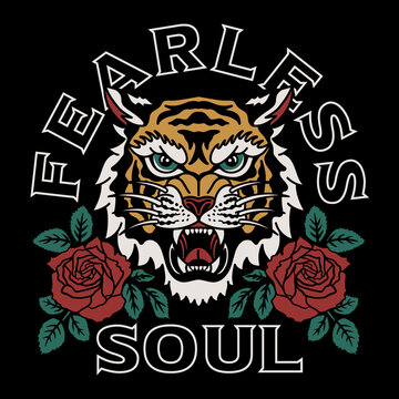 Tiger with Roses Illustration with A Slogan Artwork on Black Background for Apparel or Other Uses