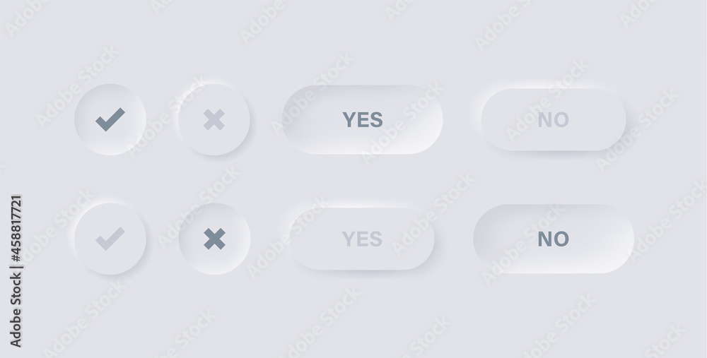 Poster checkmark icon button in white neumorphism buttons - tick and cross icons symbols in modern neumorphic circle with white background - ui ux user interface for apps and website