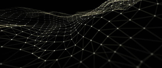 Wave form of dots and lines. Abstract mesh. 3D rendering.