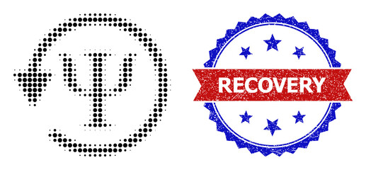 Halftone psychology recovery icon, and bicolor grunge Recovery stamp. Halftone psychology recovery icon is made with small round pixels. Vector watermark with grunge bicolored style,