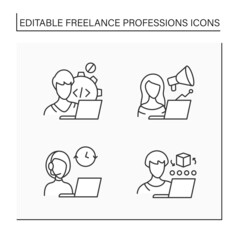 Naklejka premium Freelance professions line icons set. Web developer, marketologist, admin support, CAD artist. Distance jobs. Online work. Careers concept. Isolated vector illustration. Editable stroke