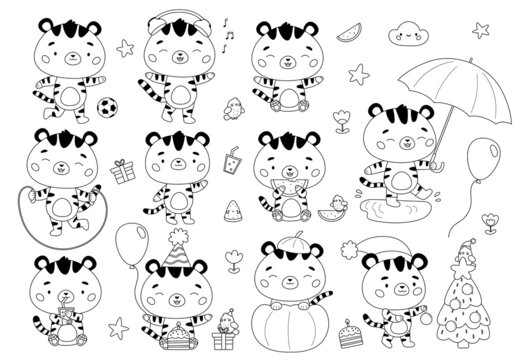 Kawaii set of cute cartoon tigers. Coloring page for children. Wild cats with Christmas tree, Halloween pumpkin, Birthday cake and presents. New Year symbol. Black and white vector illustration.