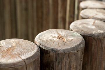 log garden fence. close-up. tree texture.