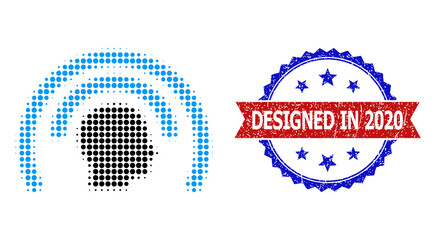 Halftone Psi waves icon, and bicolor unclean Designed in 2020 watermark. Halftone Psi waves icon is constructed with small spheric elements. Vector watermark with unclean bicolored style,