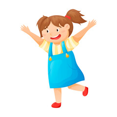 Vector cartoon illustration of a cheerful laughing girl in a sundress with her hands up.