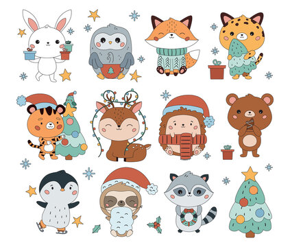 Kawaii set of cute cartoon animals with Christmas tree, hot chocolate, presents, cookies, garland and wreath. Happy New Year. Vector illustration.