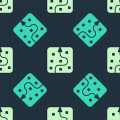 Green and beige Neural network icon isolated seamless pattern on blue background. Artificial intelligence AI. Vector