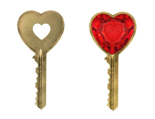 There are two heart shaped keys. White background. Isolated.