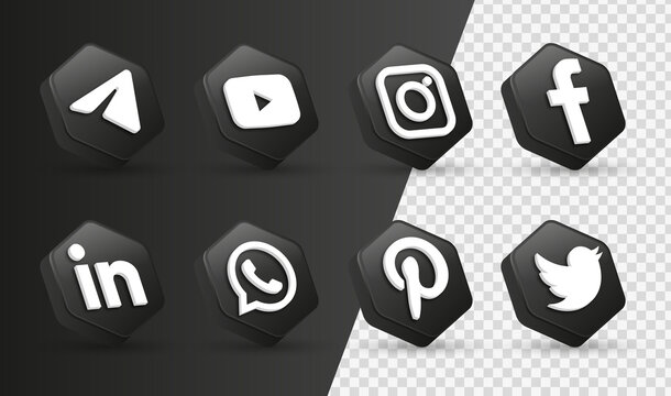 Social media 3d icons. social network 3d logo or networking - popular social media icons in 3d modern frame facebook, instagram, youtube, telegram, twitter, pinterest, whatsapp, linkedin logo icon	