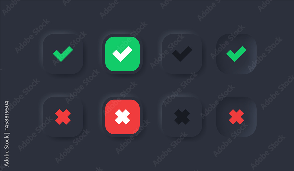 Poster checkmark icon button in black neumorphism buttons - green tick and red cross icons symbols in modern neumorphic square with dark black background - ui ux user interface for apps and website
