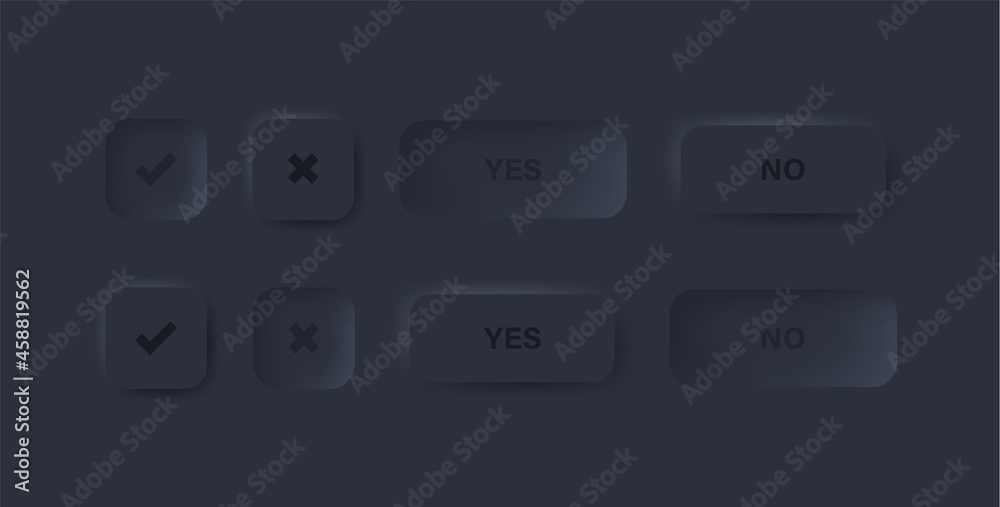 Aufkleber checkmark icon button in black neumorphism buttons - tick and cross icons symbols in modern neumorphic square with dark black background - ui ux user interface for apps and website