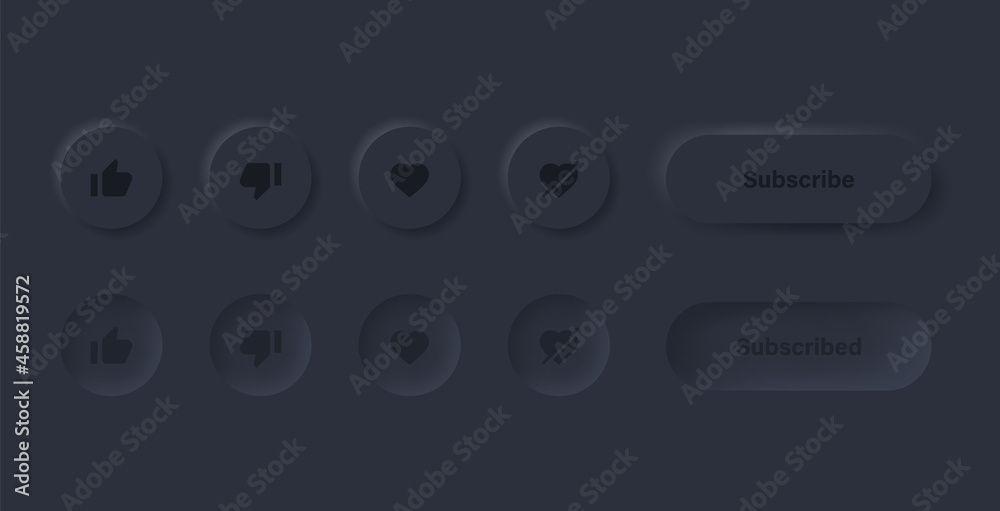 Poster like dislike icon with subscribe button -  love unlove icons symbols in black neumorphism youtube buttons for social media notification icons - Thumb up down Neumorphic UI UX Elements 3D 