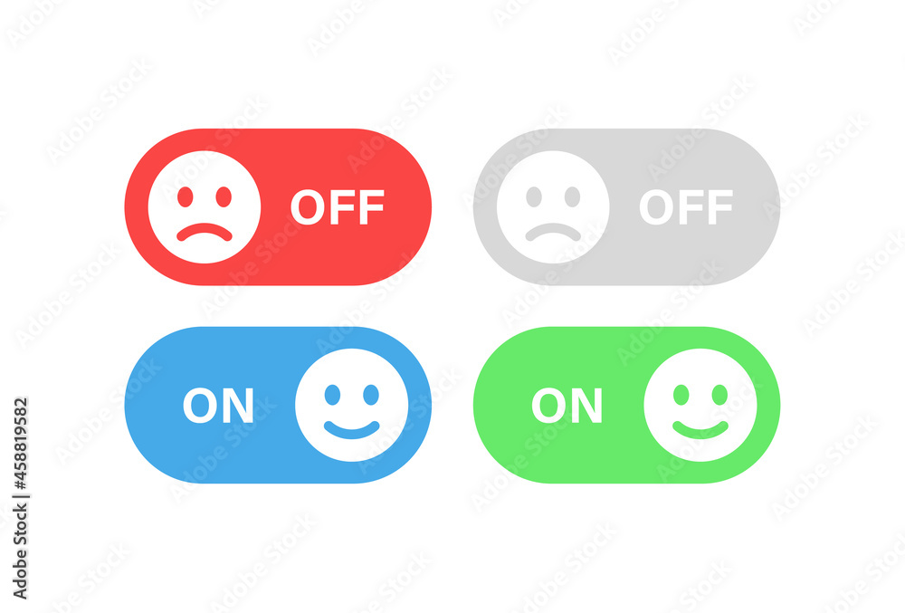 Poster emoji toggle switch buttons - on and off icon with smile emoji sliders and happy and sad emoticon switch