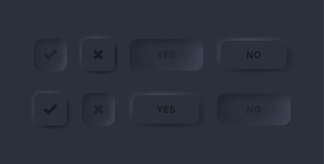 checkmark icon button in black neumorphism buttons - tick and cross icons symbols in modern neumorphic square with dark black background - ui ux user interface for apps and website