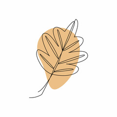 Continuous line art or One Line Drawing of leaf and with colored geometric shape. Vector illustration