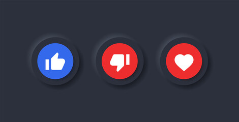 Like dislike love icons in neumorphic button or thumb up down with neumorphism buttons in black circle - social media notification icons - like icon, love icon - ui ux user interface design for apps