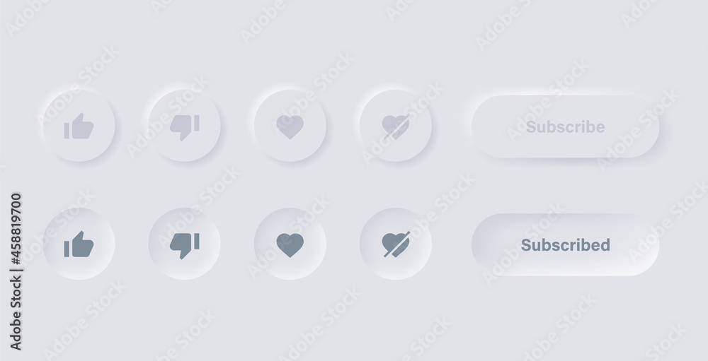 Poster like dislike icon with subscribe button -  love unlove icons symbols in white neumorphism youtube buttons for social media notification icons - Thumb up down Neumorphic UI UX Elements 3D 