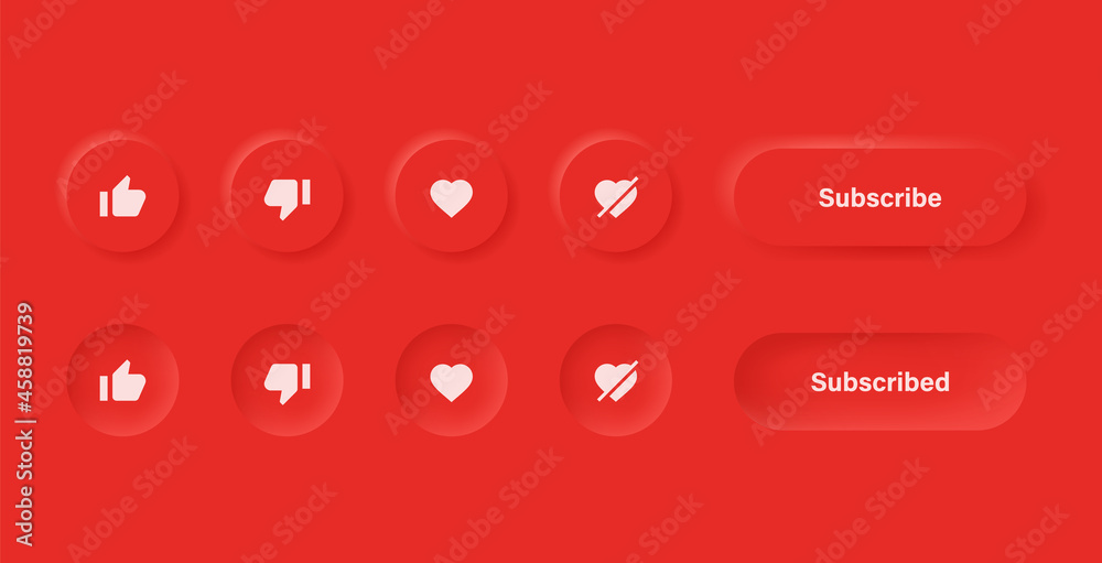 Poster like dislike icon with subscribe button -  love unlove icons symbols in red neumorphism youtube buttons for social media notification icons - Thumb up down Neumorphic UI UX Elements 3D 