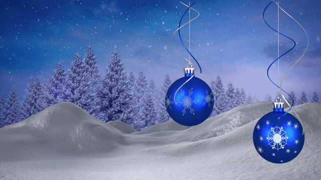 Animation of christmas decoration over winter landscape