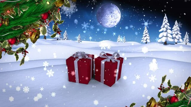 Animation of fir tree branches over christmas gifts in winter scenery