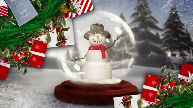 Animation of fir tree branches over christmas snow globe in winter scenery