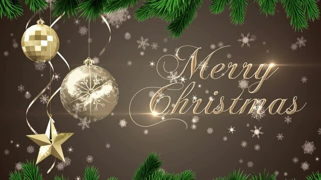 Animation of fir tree branches over marry christmas text