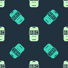 Green and beige E-learning of different foreign languages through the mobile application icon isolated seamless pattern on blue background. Vector