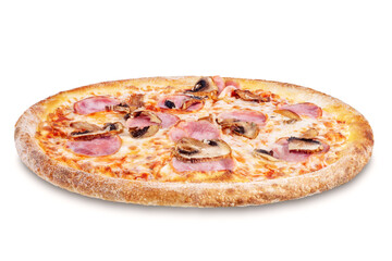 Fresh baked pizza with ham and mushrooms on a white isolated background