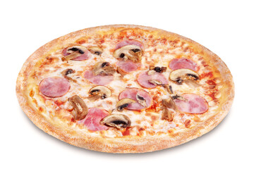 Fresh baked pizza with ham and mushrooms on a white isolated background
