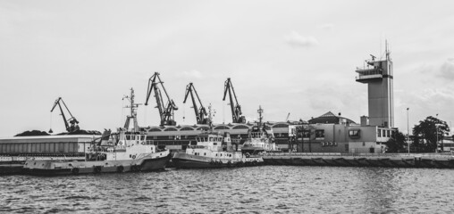Ships in a seaport against the background of shipyard cranes