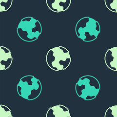 Green and beige Earth globe icon isolated seamless pattern on blue background. World or Earth sign. Global internet symbol. Geometric shapes. Vector