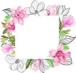 Watercolor and outline graphics. Hand painted floral frame with pink magnolia flowers isolated on white background. Perfect for invitations, wedding design, postcards