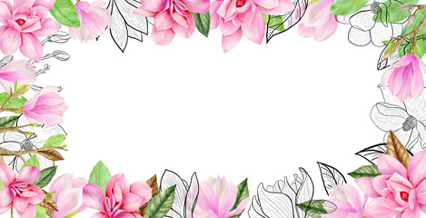 Fototapeta na wymiar Watercolor and outline graphics. Hand painted rectangular floral frame with pink magnolia flowers isolated on white background. Perfect for invitations, wedding design, postcards