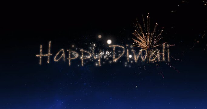 Animation of happy diwali text over fireworks celebrations