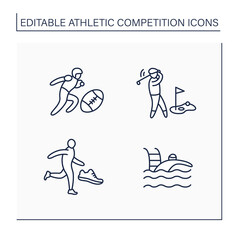 Athletic competition line icons set. Different kinds of sport. Rugby, golf, running, swimming. Olympic competitions. Sport concept.Isolated vector illustrations. Editable stroke