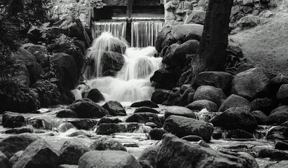 A small waterfall in the city park in Gdańsk Oliwa - obrazy, fototapety, plakaty