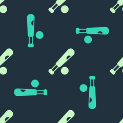 Green and beige Baseball bat with ball icon isolated seamless pattern on blue background. Vector