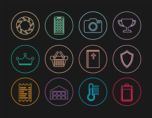 Set line Battery, Shield, Photo camera, Shopping basket, Crown, Camera shutter, Holy bible book and Mobile Apps icon. Vector