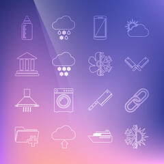 Set line Sun and snowflake, Chain link, Crossed meat chopper, Smartphone, mobile phone, Cloud with, Bank building, Baby bottle and Air conditioner icon. Vector