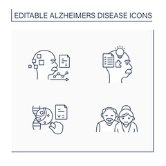 Alzheimer disease line icons set. Cognitive, memory,genetic testing, statistics. Elderly man and woman.Neurologic disorder concept.Isolated vector illustrations.Editable stroke