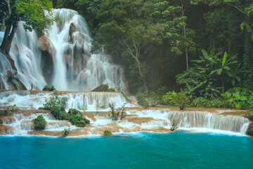Kuang Si Waterfalls in Luang Prabang Laos. Long exposure. Beautiful waterfall in wild jungle