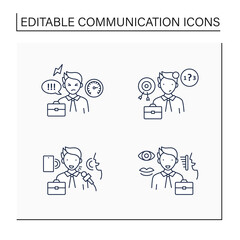 Effective communication line icons set.Ineffective, verbal, non verbal communication. Exchanging thoughts, knowledge in messages. Intercourse concept. Isolated vector illustrations.Editable stroke