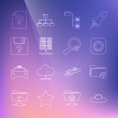 Fototapeta na wymiar Set line UFO flying spaceship, Unknown directory, Police badge, Folder tree, Server, Data, Web Hosting, document, and search icon. Vector