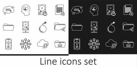 Set line Folder download, Share folder, Hard disk drive with clockwise, on sharing network, CO2 emissions cloud, Bomb ready to explode and Head heartbeat icon. Vector