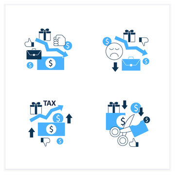 Universal basic income flat icons set. Higher tax, less spending, reduce work motivation, low wages. Inequality and inflation. Global economy concept. Vector illustrations