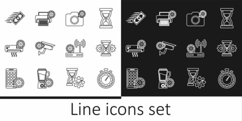 Set line Time management setting, Hourglass, Photo camera, Security, Air conditioner, Fast payments, Router and wi-fi and Printer icon. Vector
