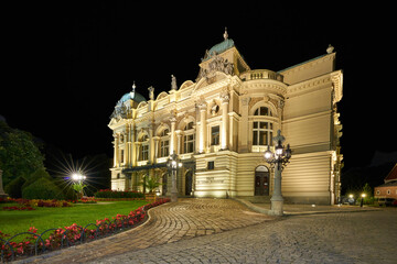 Juliusz Słowacki Theatre at night, Krakow, Poland