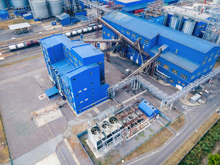 Industrial zone with factory or Plant processing of sunflower oil and oilseeds. Aerial view