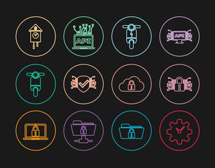 Set line Time Management, Cyber security, Electric scooter, Scooter, Retro wall watch, Cloud computing lock and Computer api interface icon. Vector