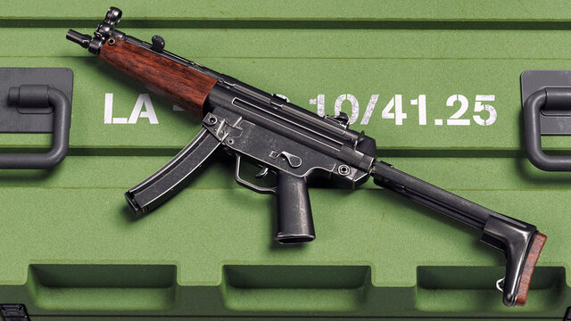 3d render of a submachine gun on an ammunition crate